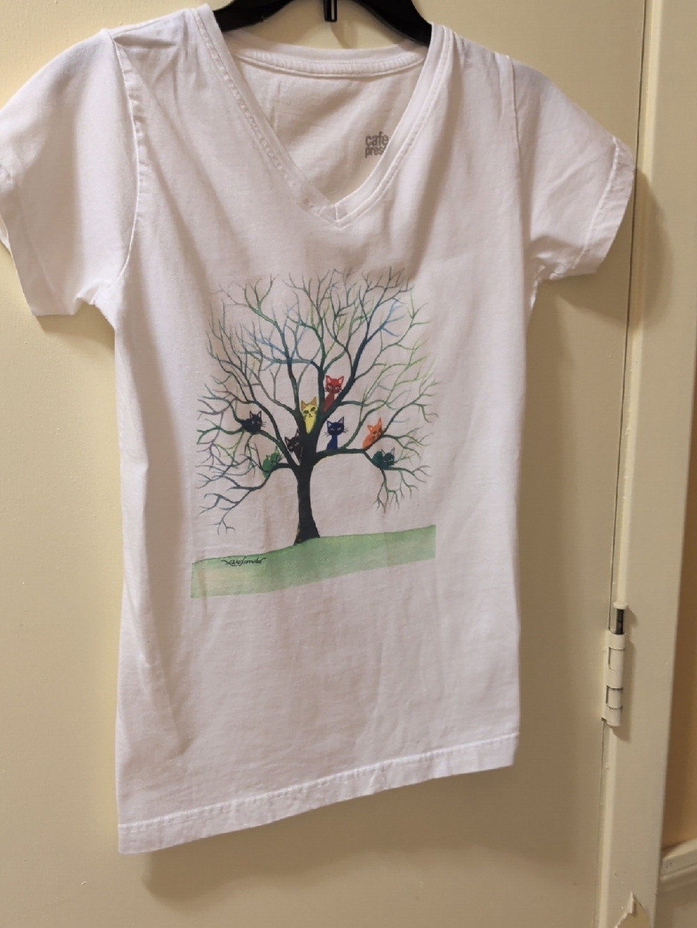 Cafe Press White V-Neck Tee with Colorful Cat Tree Graphic